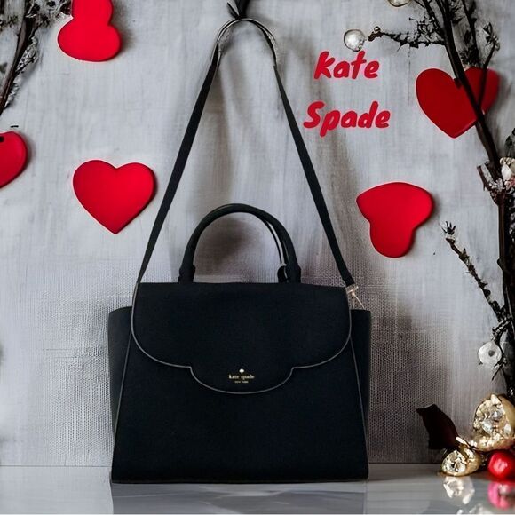 KATE SPADE NWT LEEWOOD PLACE MAKAYLA SCALLOP FULL SIZE BLACK SATCHEL BAG CROSS - Picture 1 of 15